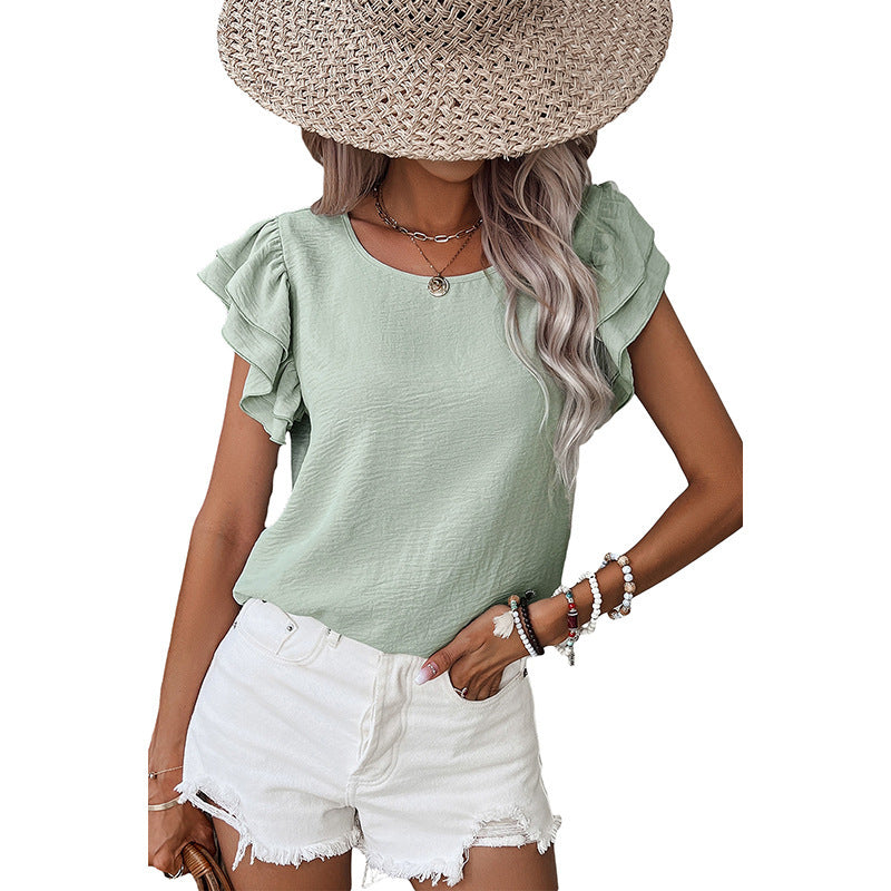 Summer Solid Color Petal Sleeve Pullover