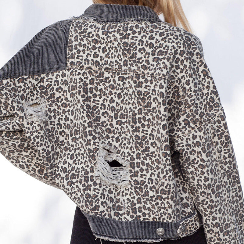 Leopard Stitching Corduroy Denim Jacket