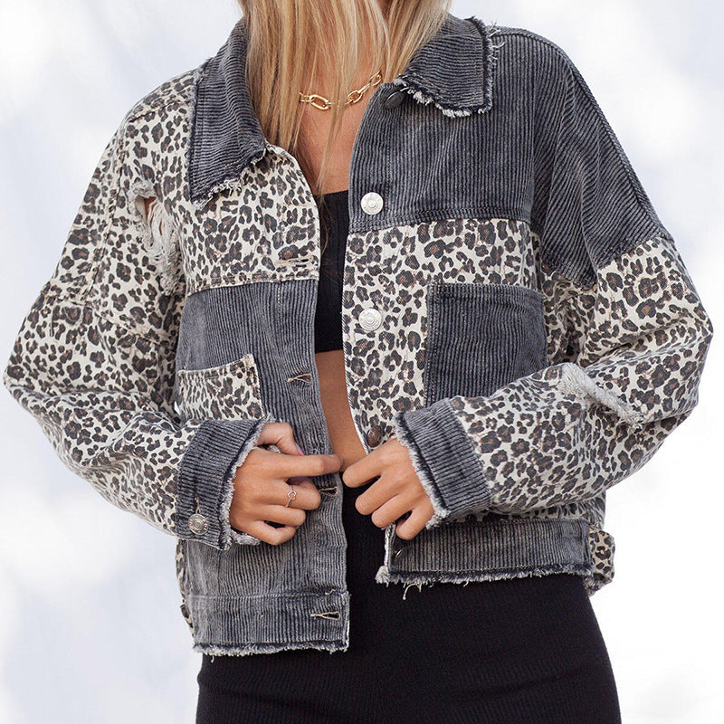 Leopard Stitching Corduroy Denim Jacket